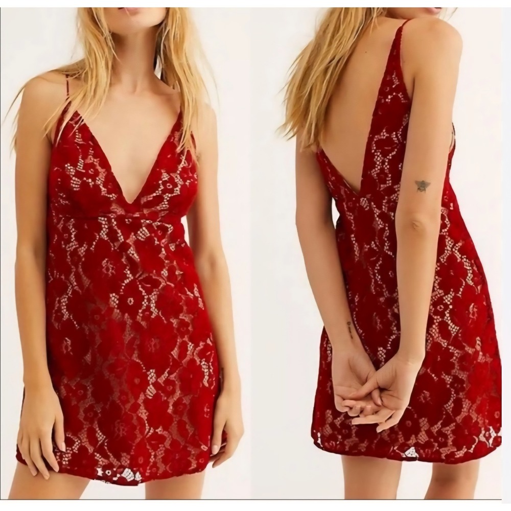 Free People Dangerous Love Lace Mini Dress Size 4 Red Nude Spaghetti Straps